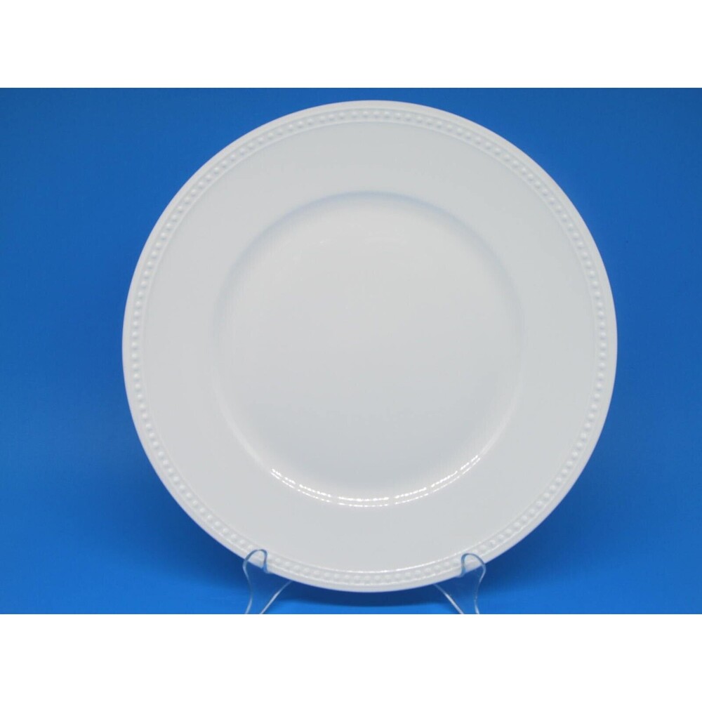 222 Fifth Laila White With Embossed Dots On Rim 11" Dinner Plate  GUC